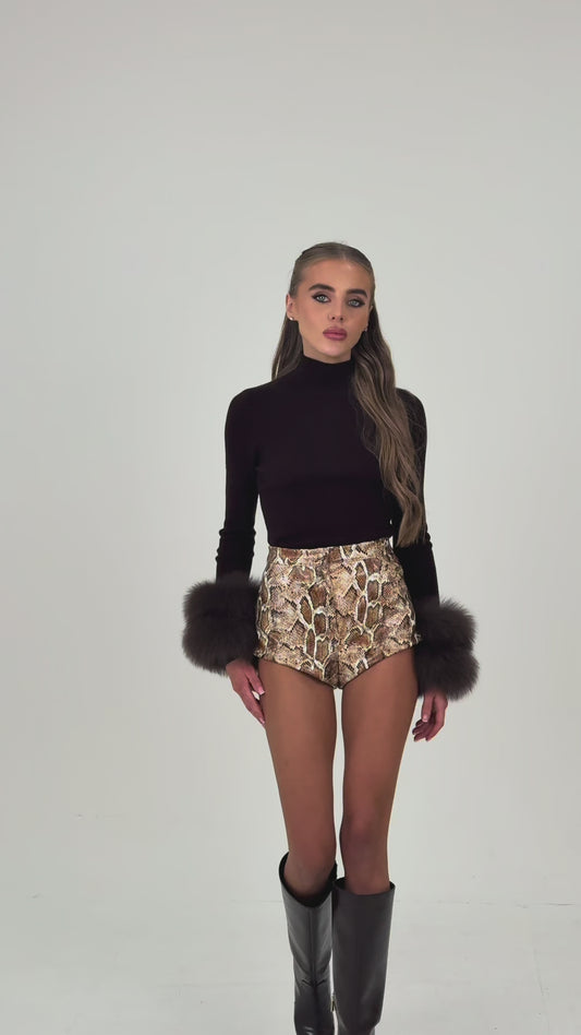 LOREN- Brown cashmere fox fur cuff sweater