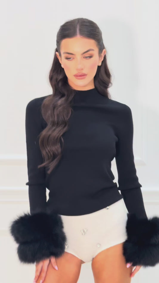 LOREN -  black high neck Fox fur cuff sweater